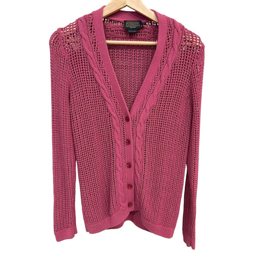 Pendleton Women's Knit Cardigan Sweater Medium Petite Pink Long Sleeves Cozy